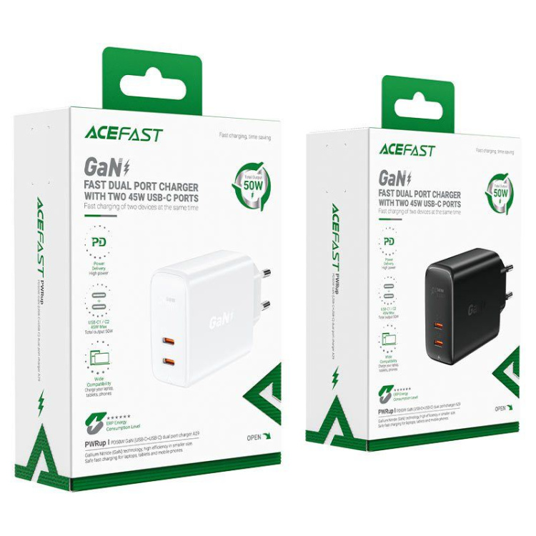 Адаптер Acefast GaN A29 Dual USB-C PD 50w (White)