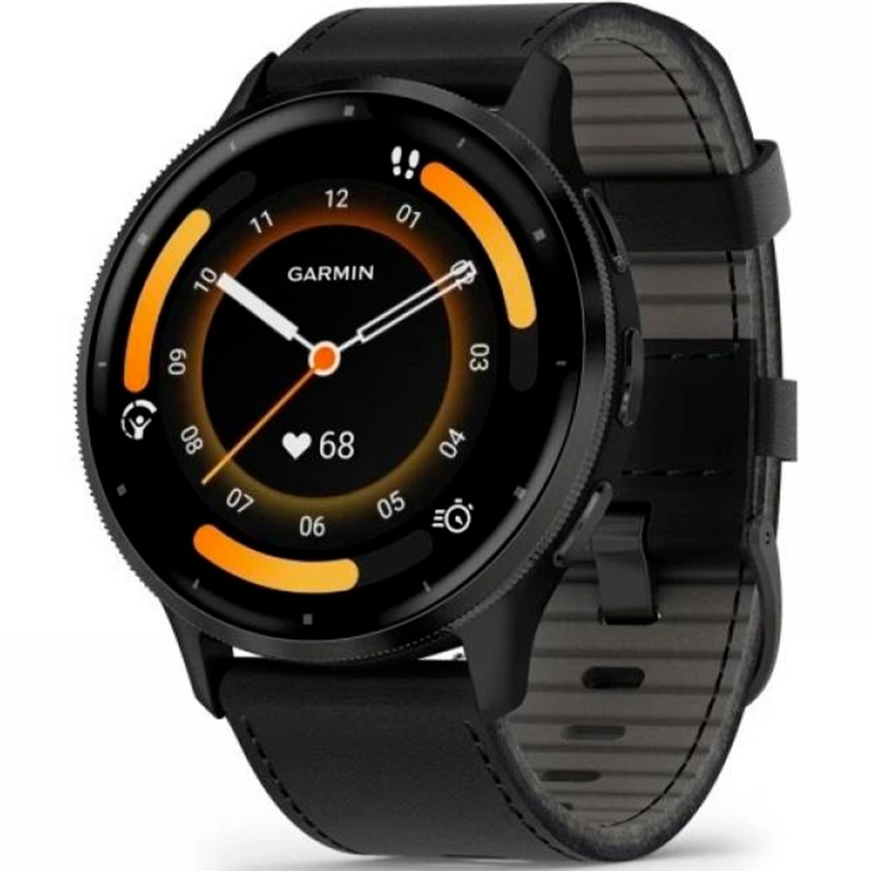 Garmin Venu 3 Slate Stainless Steel Bezel with Black Case and Black Leather Band (010-02784-52)