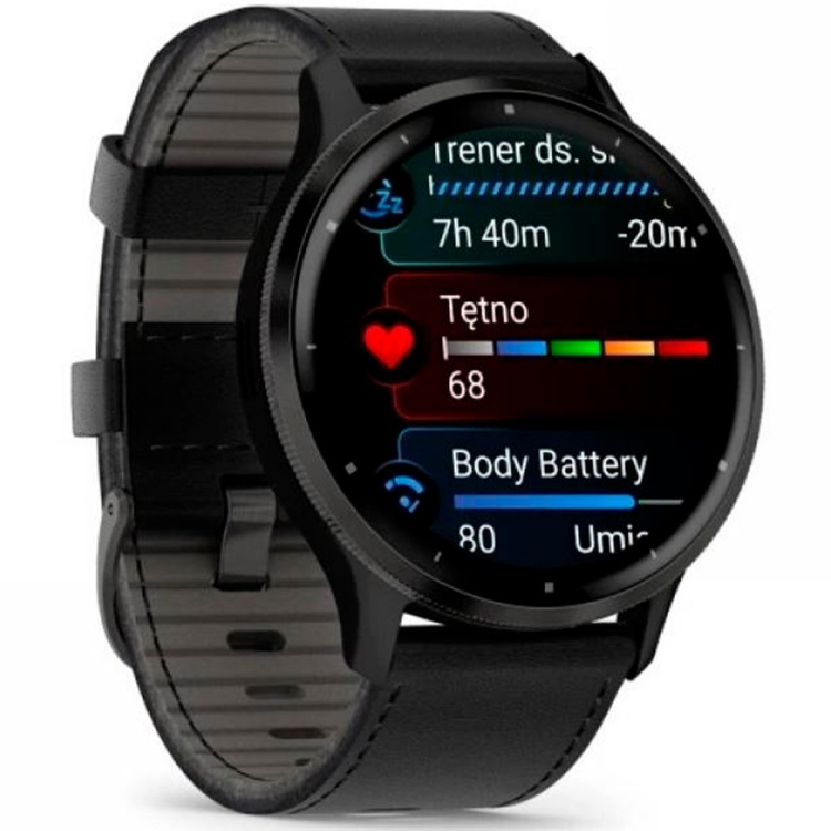 Garmin Venu 3 Slate Stainless Steel Bezel with Black Case and Black Leather Band (010-02784-52)