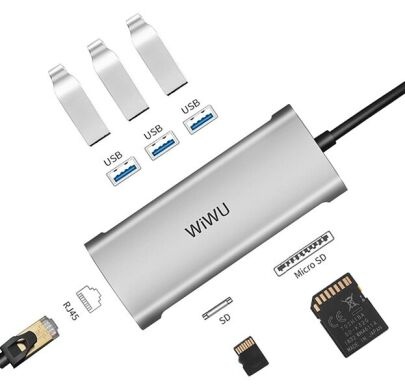 Адаптер WIWU Alpha 6in1 USB-C to 3xUSB3.0+RJ45+SD/Micro SD (Silver)