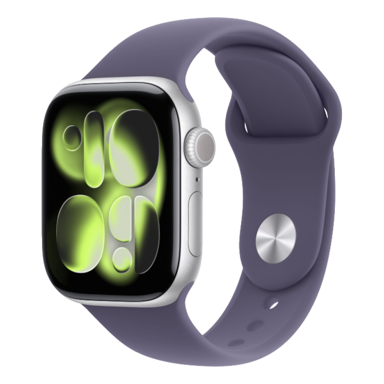 Apple Watch Series 11 GPS, 46mm Silver Aluminum Case with Purple Fog Sport Band - S/M (MEV94) бу
