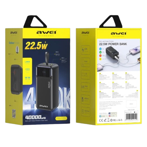 Зарядний пристрій Power Bank AWEI PA-105 40000mAh 22.5W PD 2xUSB-C 2xUSB-A (Black) (6954284029520)