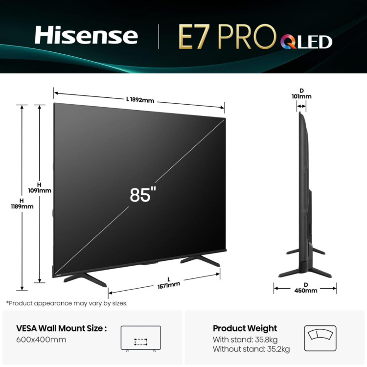 Телевізор 85 Hisense 85E7Q PRO (UA)