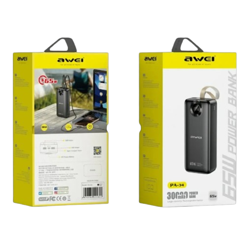 Зарядний пристрій Power Bank AWEI PA-34 30000mAh 65W Fast charging (Black) (6954284025324)