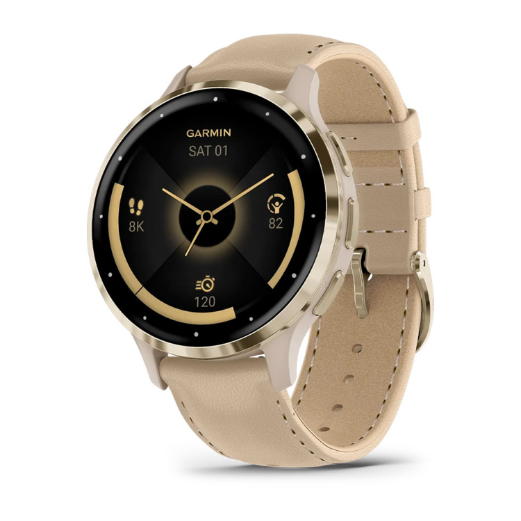 Garmin Venu 3S Soft Gold Stainless Steel Bezel with French Gray Case and Leather Band (010-02785-55)