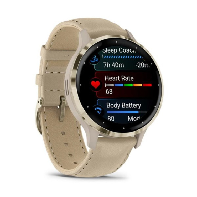Garmin Venu 3S Soft Gold Stainless Steel Bezel with French Gray Case and Leather Band (010-02785-55)