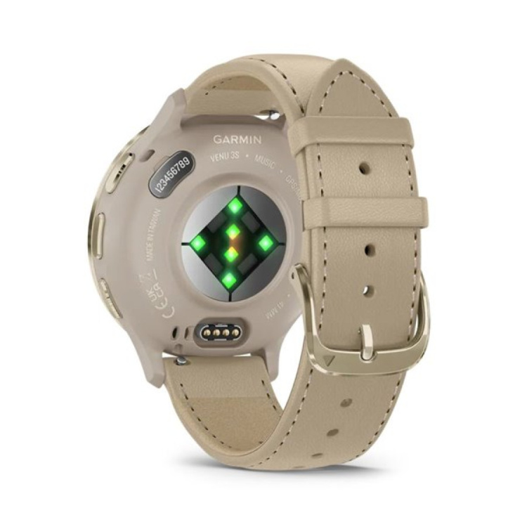 Garmin Venu 3S Soft Gold Stainless Steel Bezel with French Gray Case and Leather Band (010-02785-55)