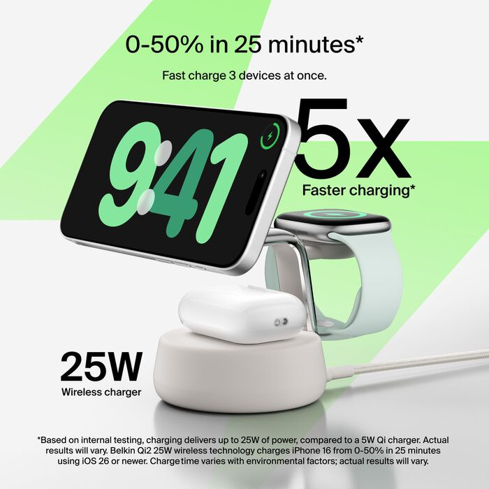 Безпровідна зарядка Belkin 3в1 UltraCharge Pro Magnetic Charging 25Вт Dock Sand (WIZ040kqSD)