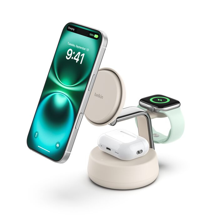 Безпровідна зарядка Belkin 3в1 UltraCharge Pro Magnetic Charging 25Вт Dock Sand (WIZ040kqSD)