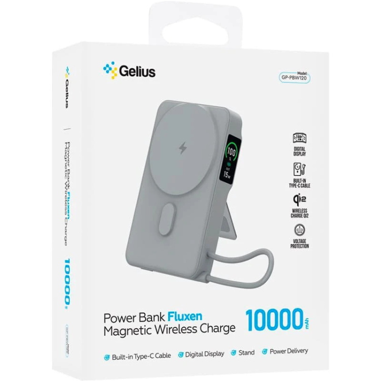 Зарядний пристрій Power Bank Gelius Fluxen GP-PBW120 Magnetic Wireless Charge Qi2 15W 10000mAh (Grey) (00000101699)