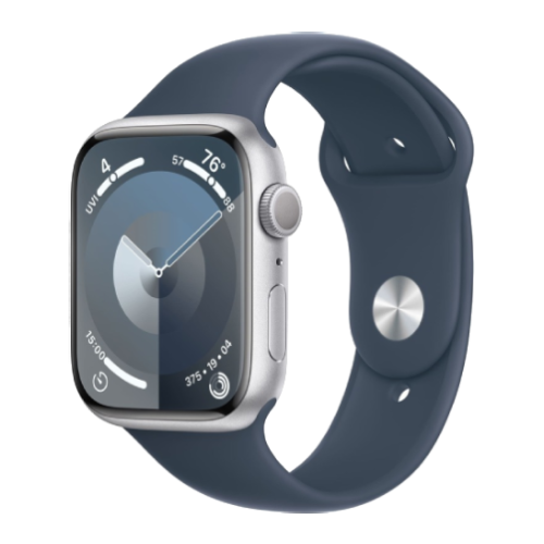 Apple Watch Series 9 45mm GPS Silver Aluminum Case with Storm Blue Sport Band (M/L) MR9E3
