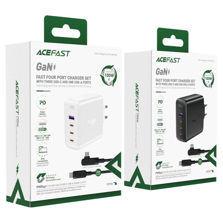 Комплект Acefast A37 (3xUSB-C + USB-A) + USB-C to USB-C 100W 2m Сable (White)