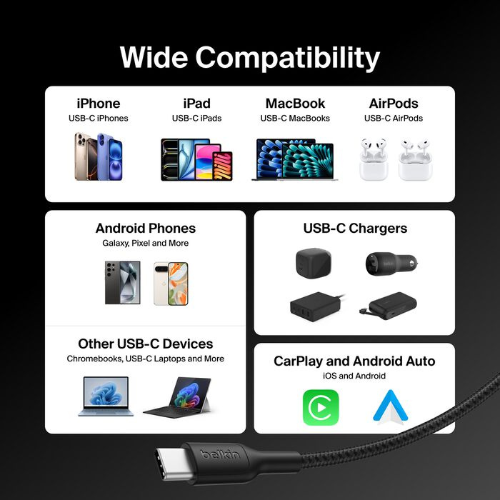 Кабель Belkin Braided USB-C 240W 2m, Black (CAB025HQ2MBK)