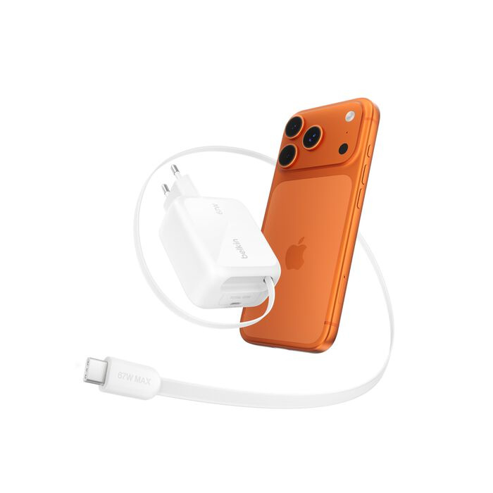 Блок живлення Belkin 67Вт USB-C PD, PPS, вбудований кабель USB-C White (WCH022KQWH) Блок живлення Belkin 67Вт USB-C PD, PPS, вбудований кабель USB-C White (WCH022KQWH)