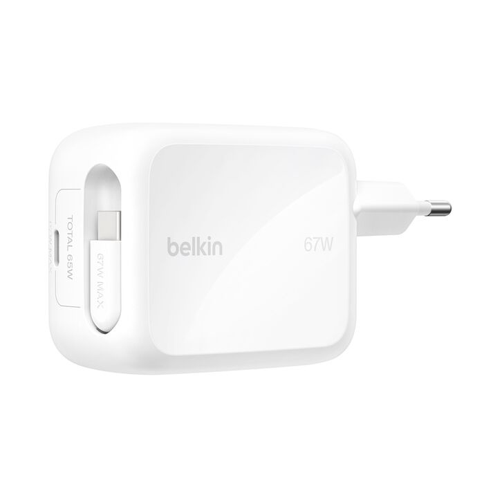 Блок живлення Belkin 67Вт USB-C PD, PPS, вбудований кабель USB-C White (WCH022KQWH) Блок живлення Belkin 67Вт USB-C PD, PPS, вбудований кабель USB-C White (WCH022KQWH)