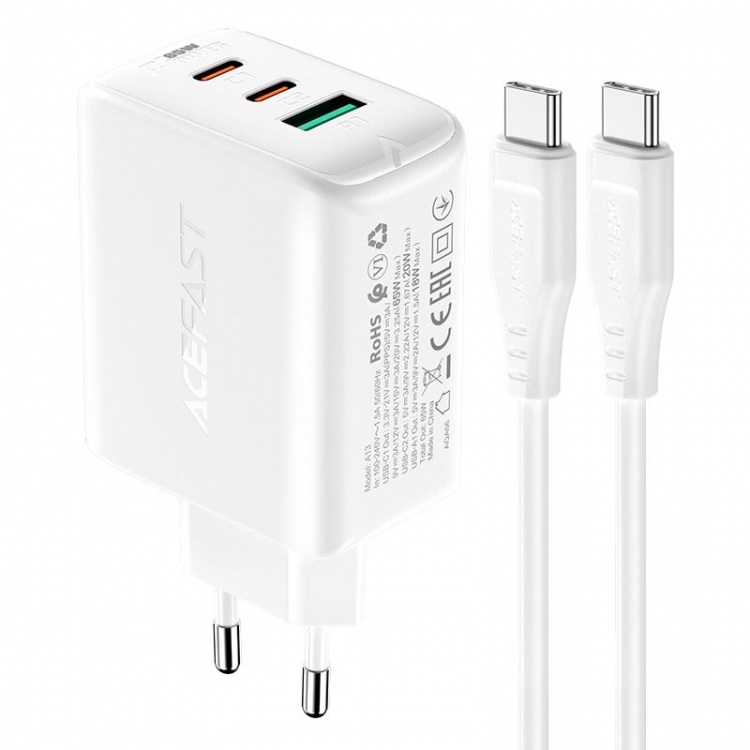 Комплект адаптер Acefast A13 PD 65W + USB-C Charge Cable (White)