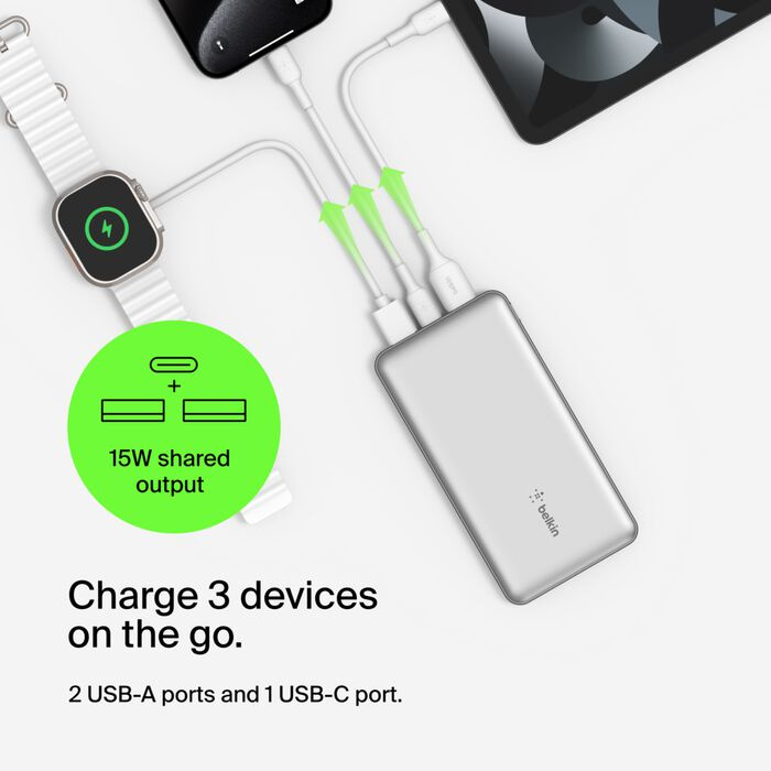 Зарядний пристрій Power Bank Belkin 10000mAh, 15W Dual USB-A, USB-C (Gray) (BPB011BTGY)