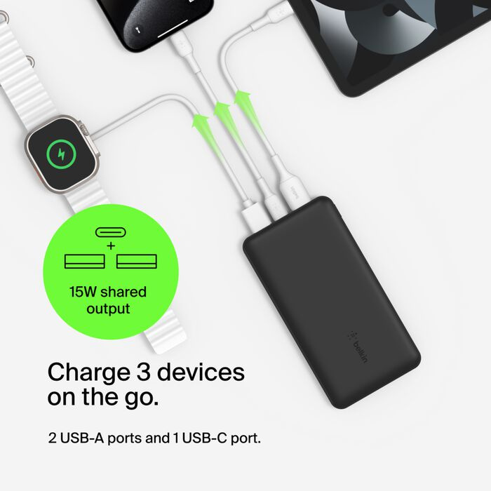 Зарядний пристрій Power Bank Belkin 20000mAh, 15W, Dual USB-A, USB-C (Black) (BPB012BTBK)