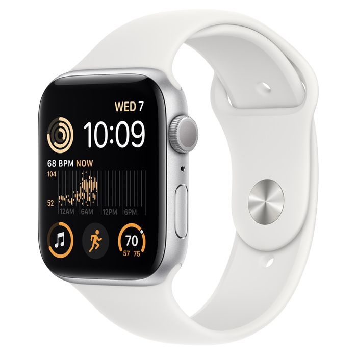 Apple Watch SE 2 2023 44mm GPS Silver Aluminum Case with White Sport Band - M/L (MNTJ3)