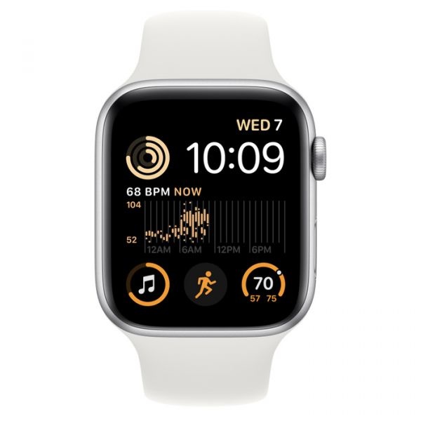 Apple Watch SE 2 2023 44mm GPS Silver Aluminum Case with White Sport Band - M/L (MNTJ3)