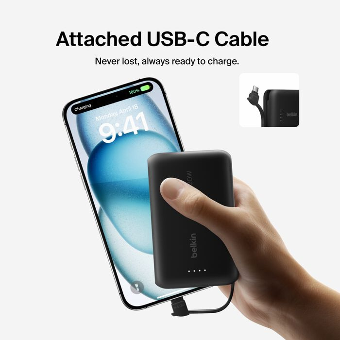 Зарядний пристрій Power Bank Belkin 10000мАh, 20W, вбудований кабель USB-C (Black) (BPB021HQBK)