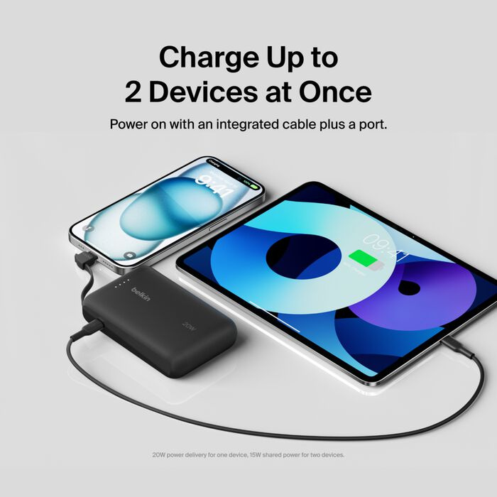Зарядний пристрій Power Bank Belkin 10000мАh, 20W, вбудований кабель USB-C (Black) (BPB021HQBK)