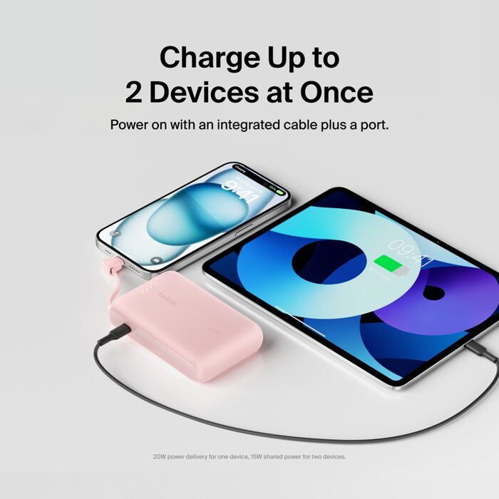 Зарядное устройство Power Bank Belkin 10000мАh, 20W, встроенный кабель USB-C (Pink) (BPB021HQPK)