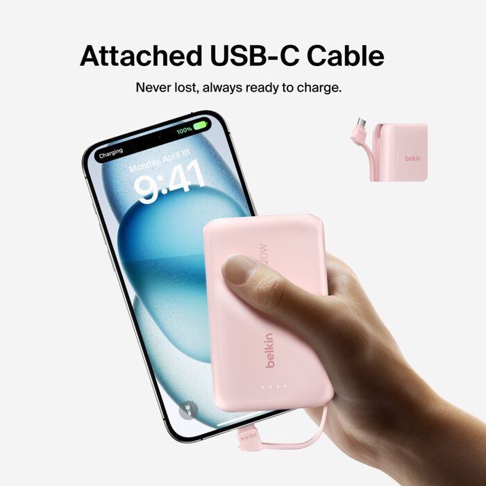 Зарядное устройство Power Bank Belkin 10000мАh, 20W, встроенный кабель USB-C (Pink) (BPB021HQPK)