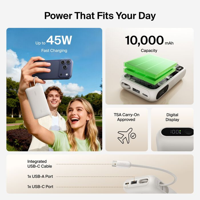 Зарядний пристрій Power Bank Belkin 10000мАh, 45W, з інтегрованим кабелем USB-C (Sand) (BPB029HQSA)