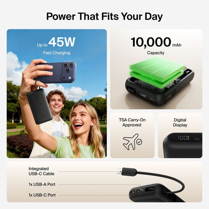 Зарядний пристрій Power Bank Belkin 10000мАh, 45W, з інтегрованим кабелем USB-C (Black) (BPB029HQBK)