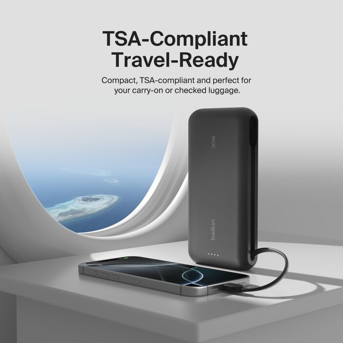 Зарядний пристрій Power Bank Belkin 20000мАh, 30W, вбудований кабель USB-C (Black) (BPB024HQBK)