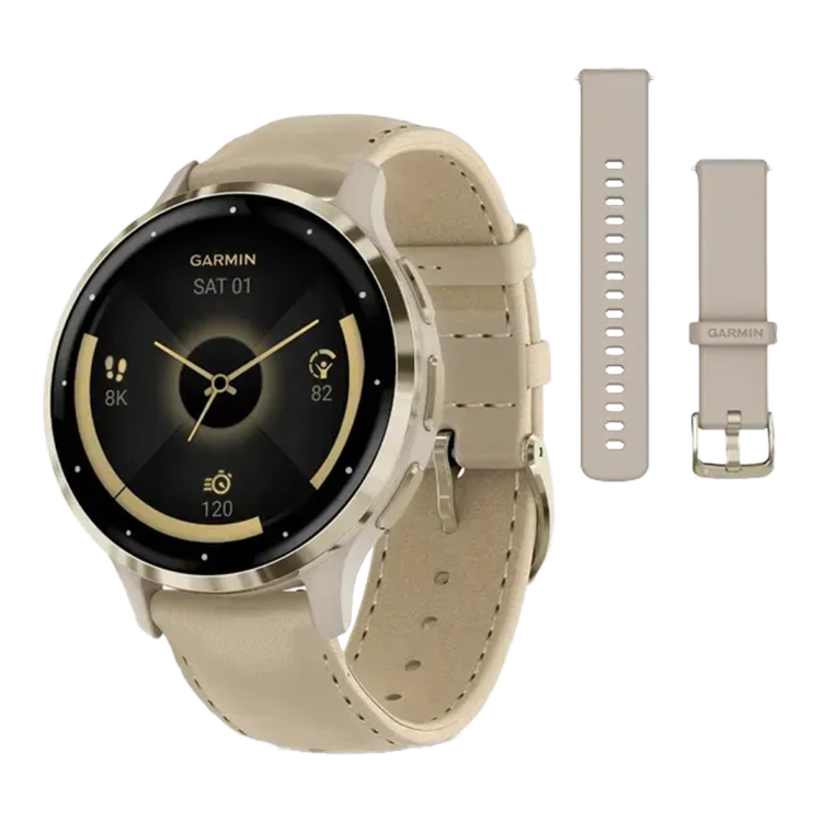 Garmin Venu 4 41mm Lunar Gold with Bone Silicone Band and Light Sand Leather Band (010-03013-03)