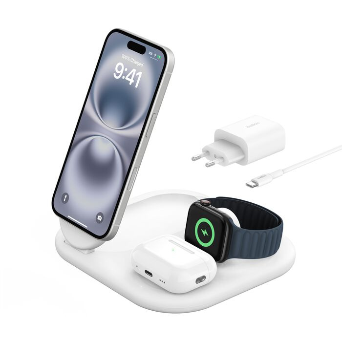 Беспроводная зарядка Belkin 3в1 Magnetic Foldable iPhone/Watch/AirPods, Qi2 15Вт White (WIZ029VFWH)