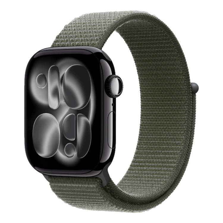 Apple Watch Series 11 GPS, 42mm Jet Black Aluminum Case with Forest Sport Loop
