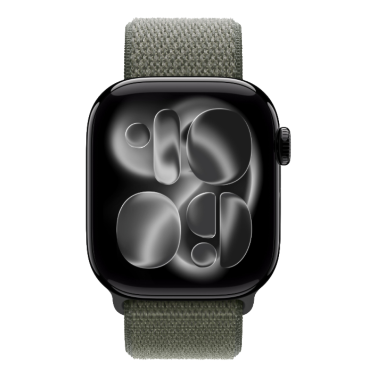 Apple Watch Series 11 GPS, 42mm Jet Black Aluminum Case with Forest Sport Loop