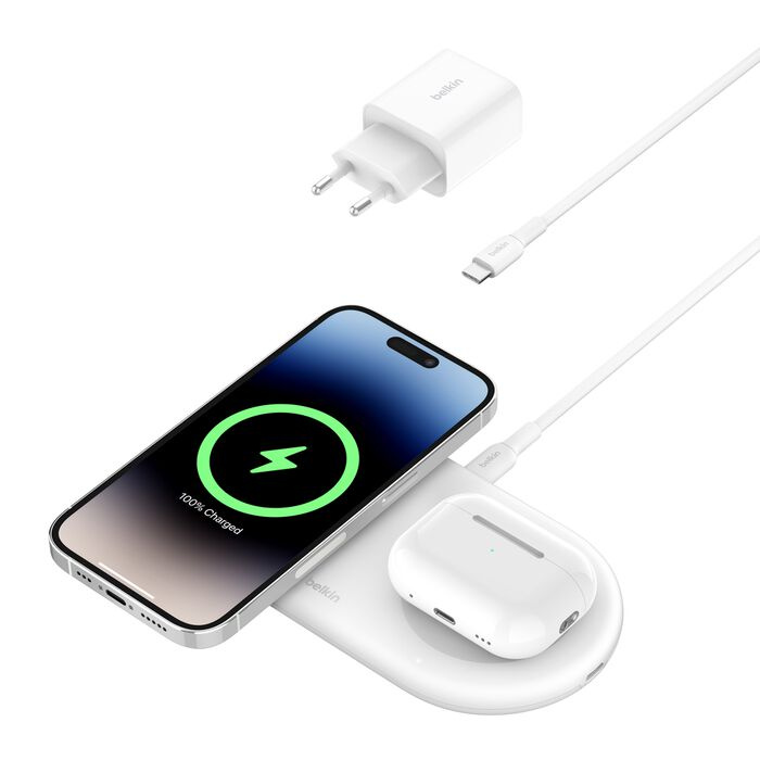 Безпровідна зарядка Belkin 2в1 15Вт Pad Qi2 White (WIZ021VFWH)
