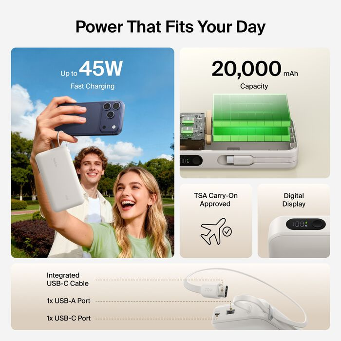 Зарядний пристрій Power Bank Belkin 20000мАh, 45W, з інтегрованим кабелем USB-C (Sand) (BPB030HQSA) Зарядний пристрій Power Bank Belkin 20000мАh, 45W, з інтегрованим кабелем USB-C (Sand) (BPB030HQSA)