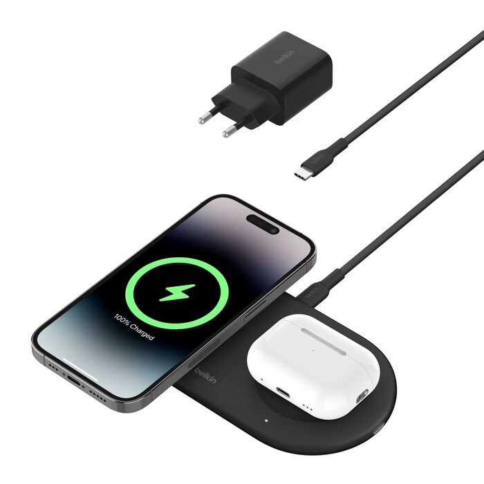 Беспроводная зарядка Belkin 2в1 15Вт Pad Qi2 Black (WIZ021VFBK)