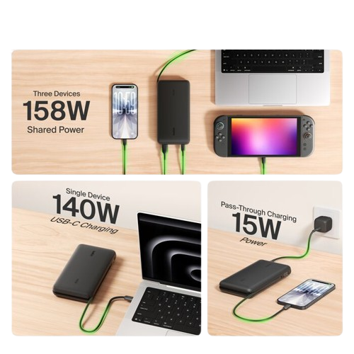Зарядний пристрій Power Bank Belkin 25000мАh, 158W, з інтегрованим кабелем USB-C (Black) (BPB039HQBK)