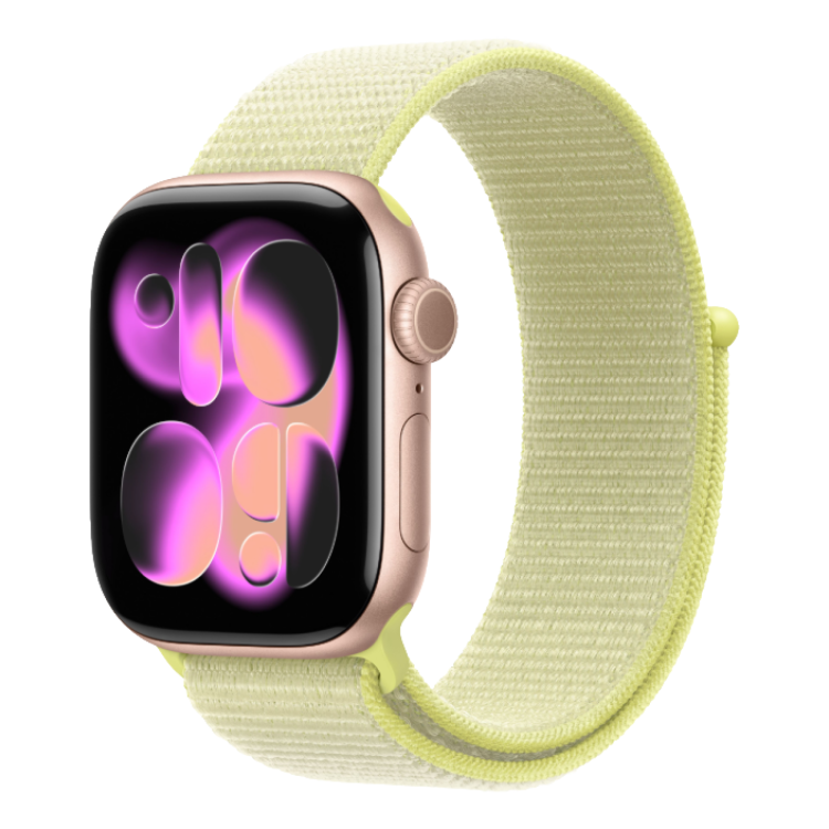 Apple Watch Series 11 GPS, 42mm Rose Gold Aluminum Case with Neon Yellow Sport Loop