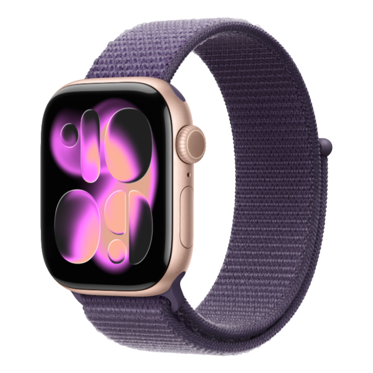 Apple Watch Series 11 GPS, 42mm Rose Gold Aluminum Case with Purple Fog Sport Loop