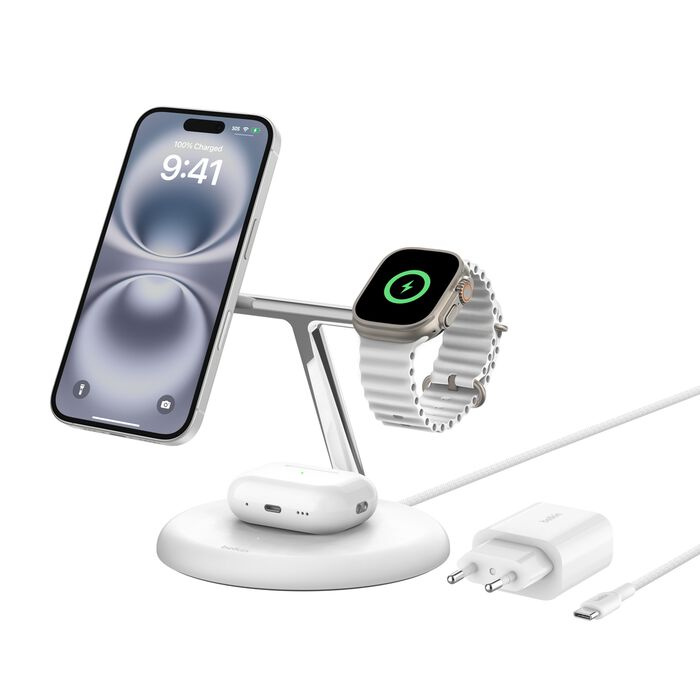 Безпровідна зарядка Belkin 3в1 Magnetic Qi2 15Вт White (WIZ023VFWH) Безпровідна зарядка Belkin 3в1 Magnetic Qi2 15Вт White (WIZ023VFWH)