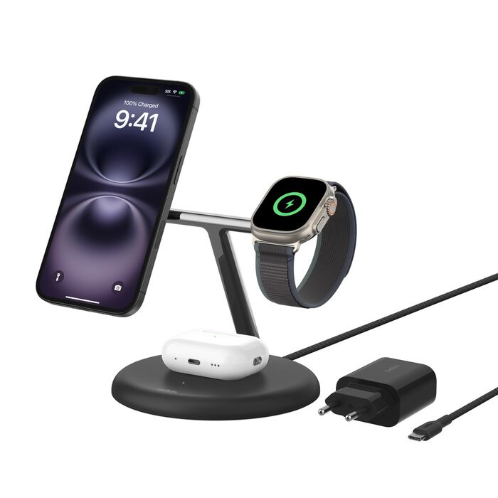 Беспроводная зарядка Belkin 3в1 Magnetic Qi2 15Вт Black (WIZ023VFBK) Беспроводная зарядка Belkin 3в1 Magnetic Qi2 15Вт Black (WIZ023VFBK)