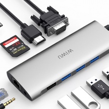 Адаптер WIWU Alpha 11in1 USB-C to USB-C+4xUSB3.0+SD/Micro SD+VGA+HDMI+RJ45+3.5mm+USB-C (Grey)