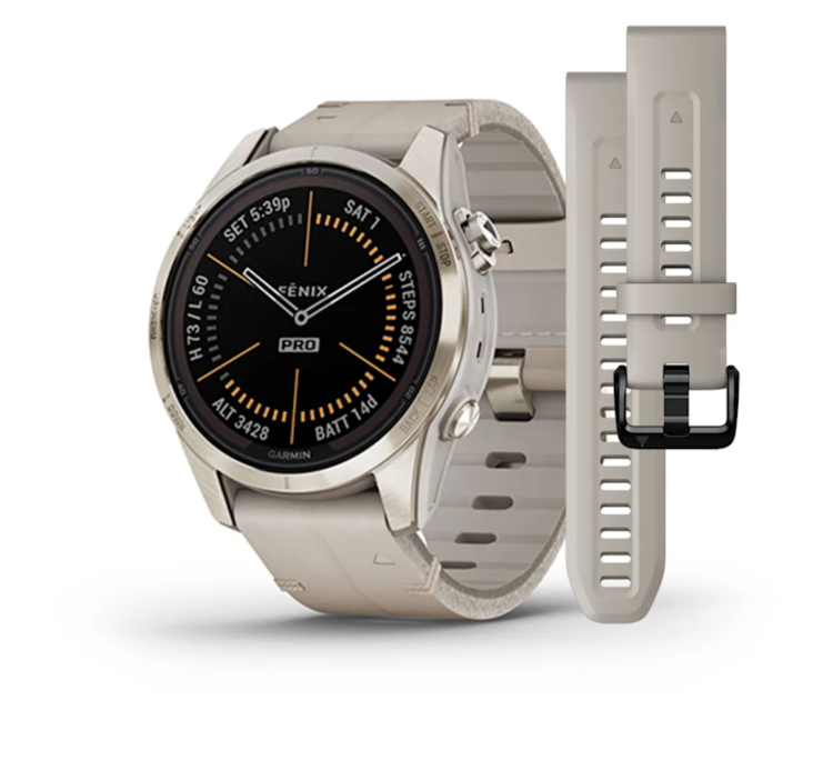 Garmin Fenix 7S Pro Sapphire Solar Soft Gold with Limestone Leather Band (010-02776-30)