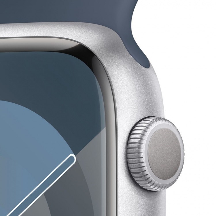 Apple Watch Series 9 45mm GPS Silver Aluminum Case with Storm Blue Sport Band (S/M) MR9D3