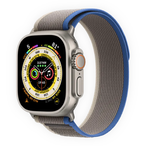Apple Watch Ultra 49mm Titanium Case with Blue/Gray Trail Loop S/M (MNHL3)