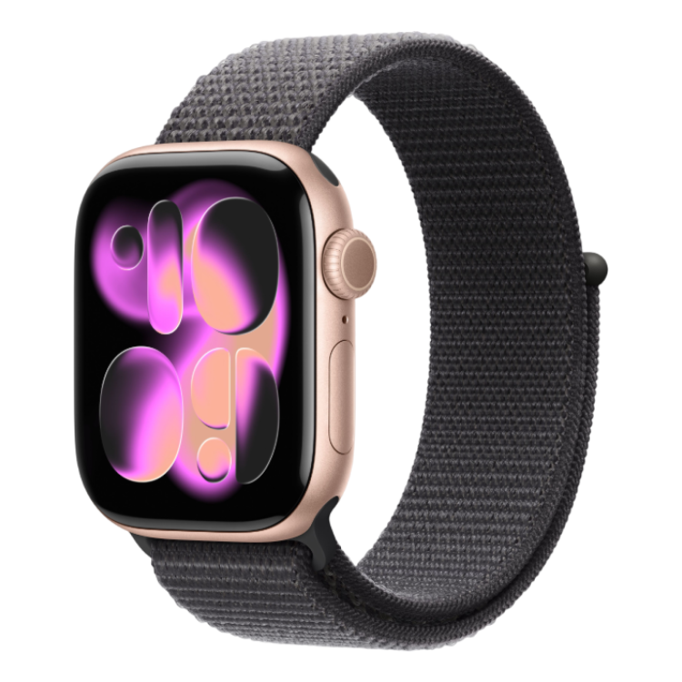 Apple Watch Series 11 GPS, 46mm Rose Gold Aluminum Case with Dark Gray Sport Loop
