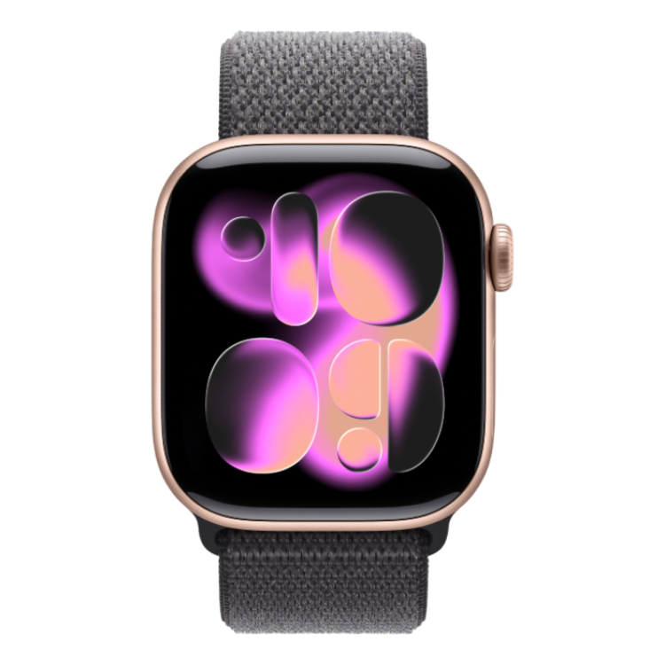 Apple Watch Series 11 GPS, 46mm Rose Gold Aluminum Case with Dark Gray Sport Loop