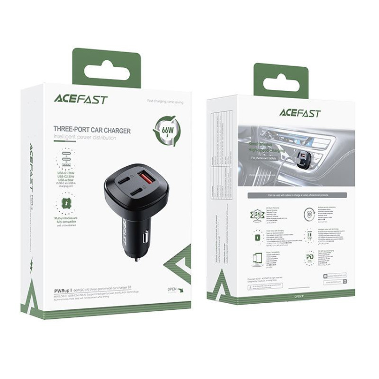 Прикурювач Acefast B3 2xUSB-C + USB-A 66w (Black)